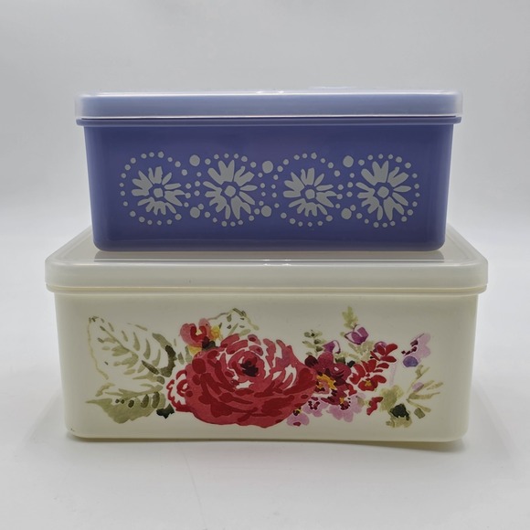 Pioneer Woman Floral Rectangle Plastic Container  Steam Release Vent Lot of 2 - Picture 1 of 16